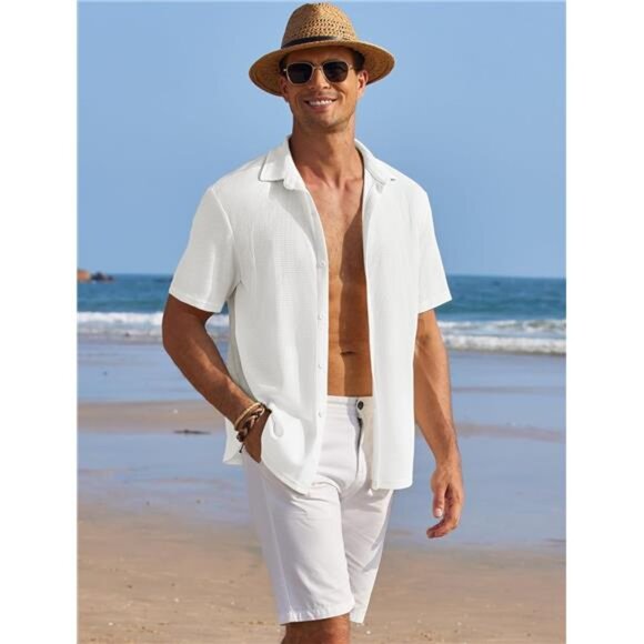 Men's Shirts Short Sleeve Waffle Knit White - Picture 4 of 5